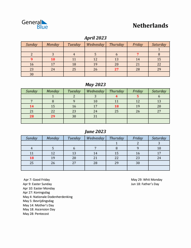 Q2 2023 Holiday Calendar - The Netherlands