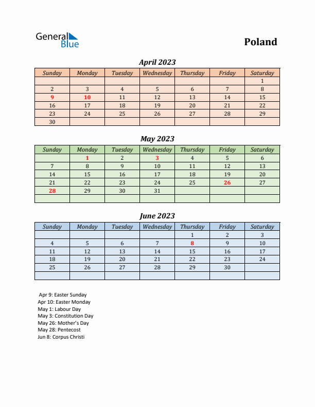 Q2 2023 Holiday Calendar - Poland