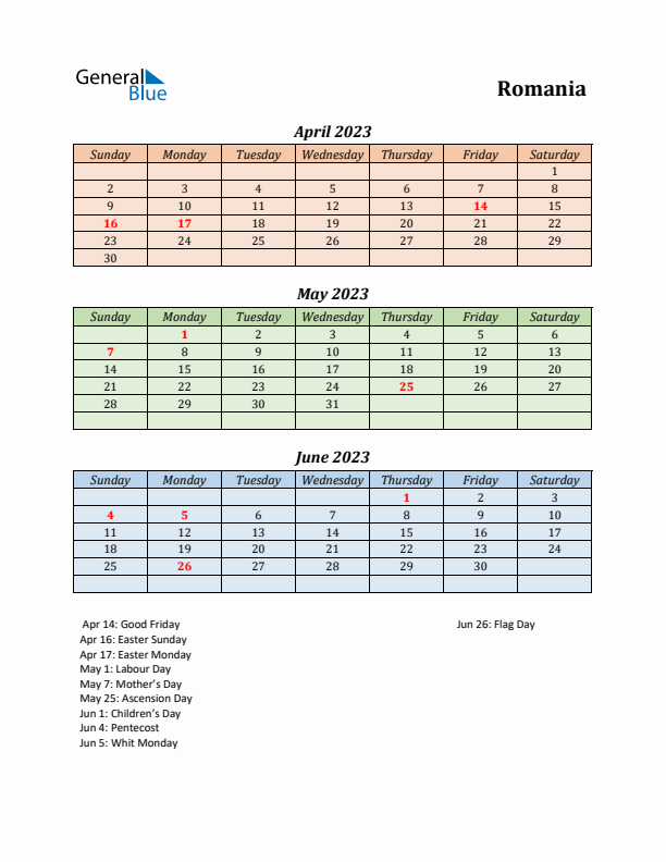 Q2 2023 Holiday Calendar - Romania