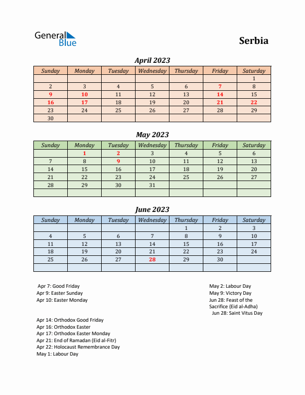 Q2 2023 Holiday Calendar - Serbia