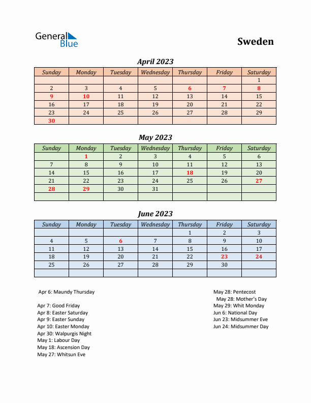 Q2 2023 Holiday Calendar - Sweden