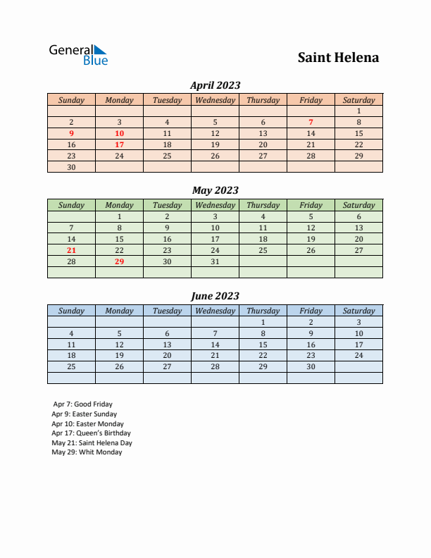 Q2 2023 Holiday Calendar - Saint Helena