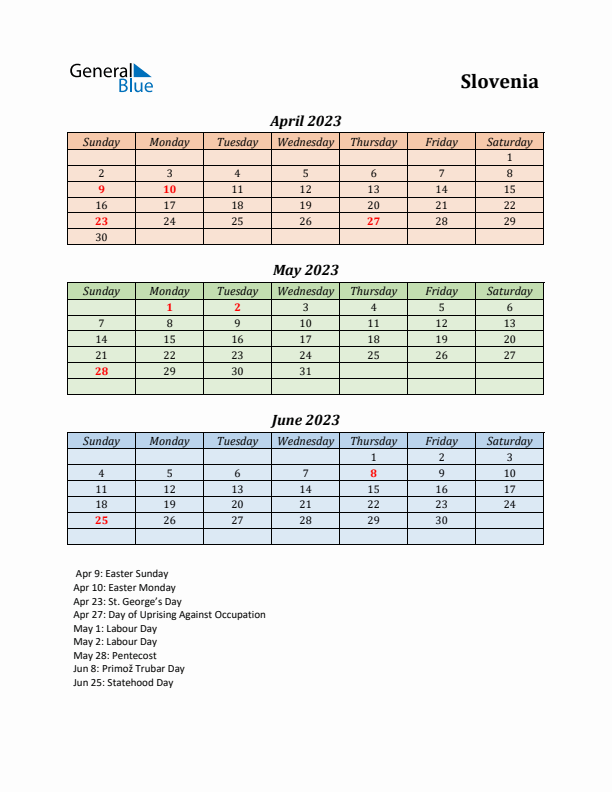 Q2 2023 Holiday Calendar - Slovenia