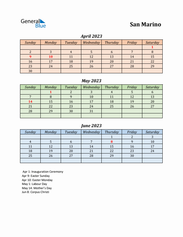 Q2 2023 Holiday Calendar - San Marino