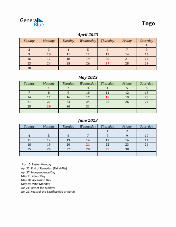 Q2 2023 Holiday Calendar - Togo