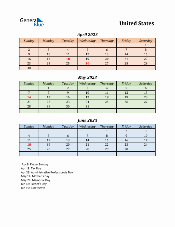 Q2 2023 Holiday Calendar - United States