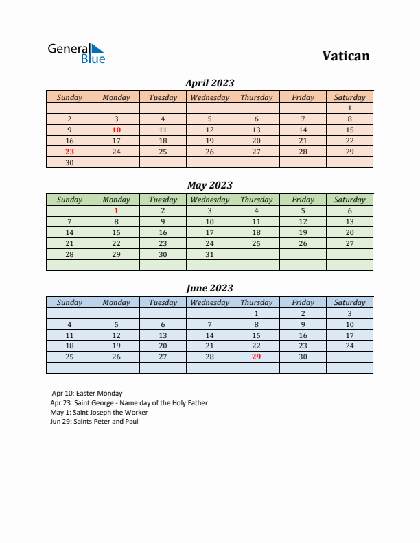 Q2 2023 Holiday Calendar - Vatican