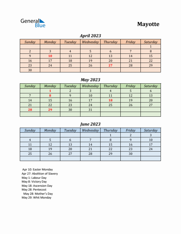 Q2 2023 Holiday Calendar - Mayotte