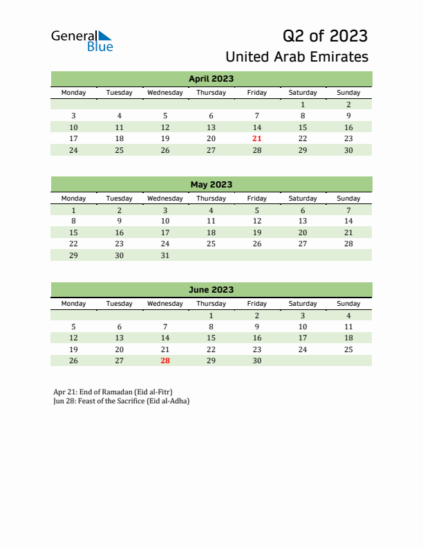 Quarterly Calendar 2023 with United Arab Emirates Holidays