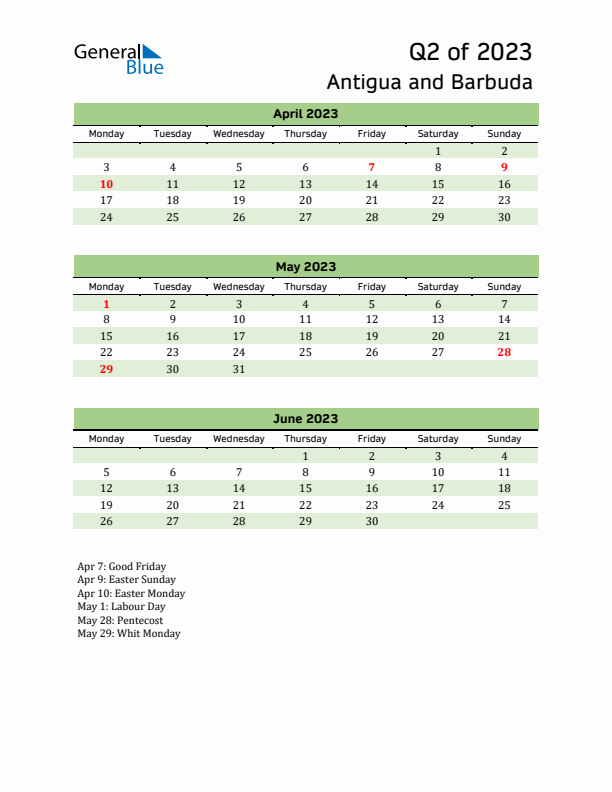 Quarterly Calendar 2023 with Antigua and Barbuda Holidays