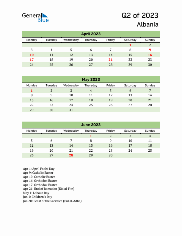 Quarterly Calendar 2023 with Albania Holidays