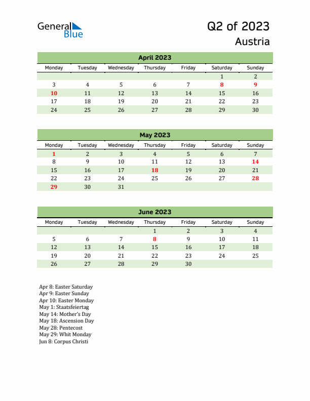 Quarterly Calendar 2023 with Austria Holidays