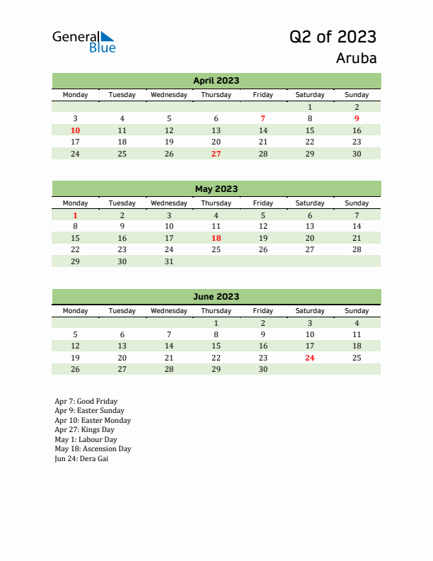 Quarterly Calendar 2023 with Aruba Holidays