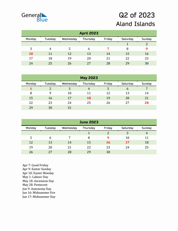 Quarterly Calendar 2023 with Aland Islands Holidays