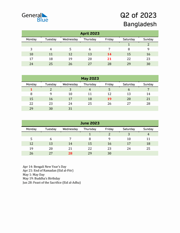 Quarterly Calendar 2023 with Bangladesh Holidays