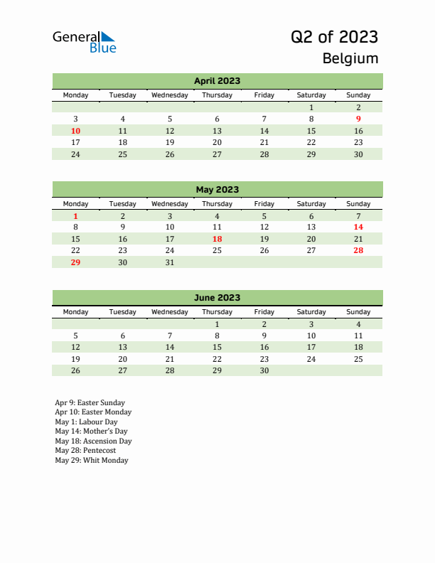 Quarterly Calendar 2023 with Belgium Holidays