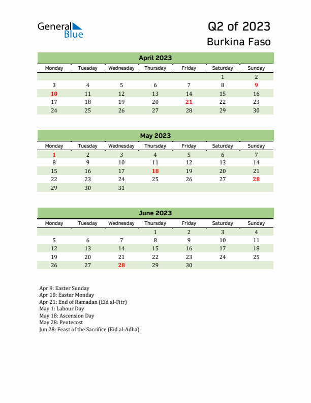 Quarterly Calendar 2023 with Burkina Faso Holidays