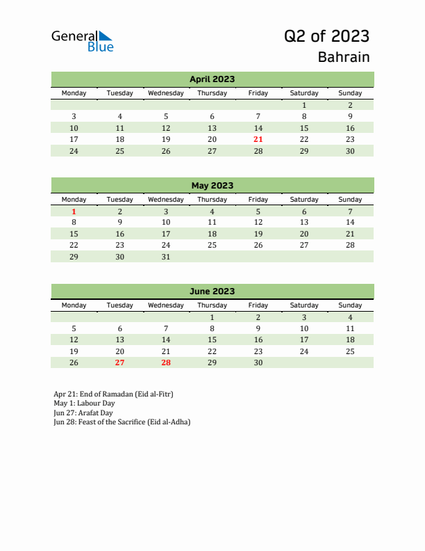 Quarterly Calendar 2023 with Bahrain Holidays