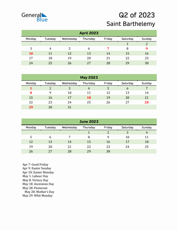 Quarterly Calendar 2023 with Saint Barthelemy Holidays