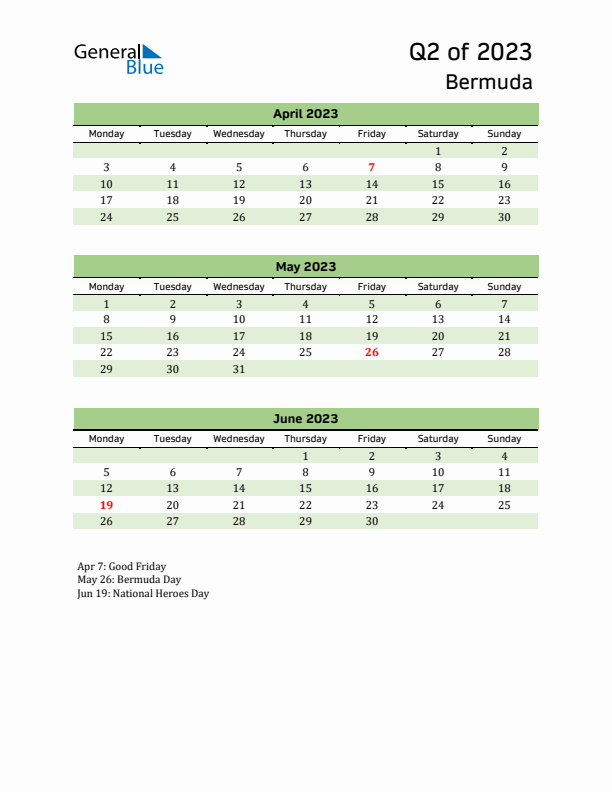 Quarterly Calendar 2023 with Bermuda Holidays