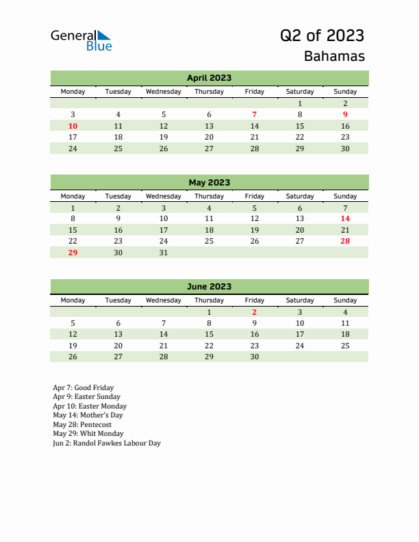 Quarterly Calendar 2023 with Bahamas Holidays