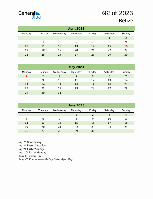 Quarterly Calendar 2023 with Belize Holidays