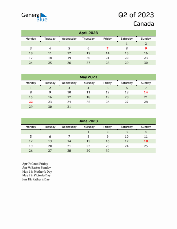 Quarterly Calendar 2023 with Canada Holidays