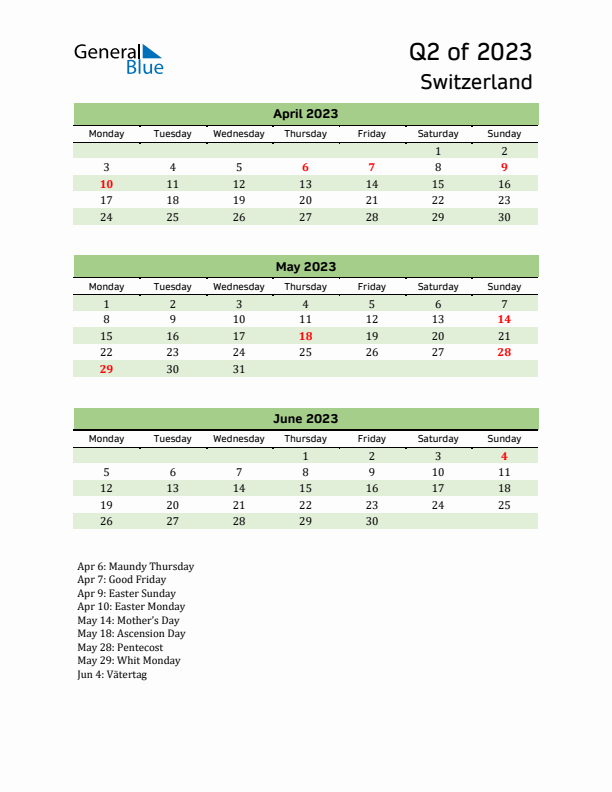 Quarterly Calendar 2023 with Switzerland Holidays