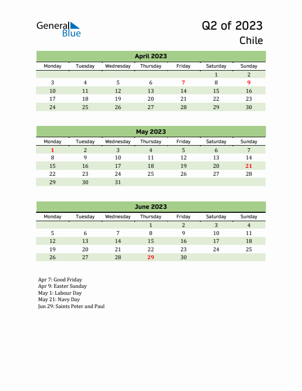 Quarterly Calendar 2023 with Chile Holidays