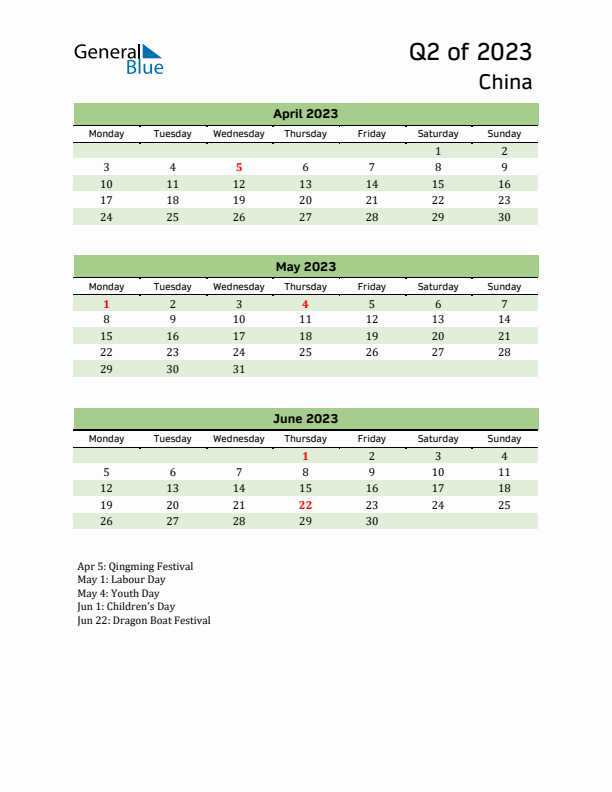 Quarterly Calendar 2023 with China Holidays