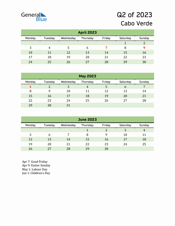 Quarterly Calendar 2023 with Cabo Verde Holidays