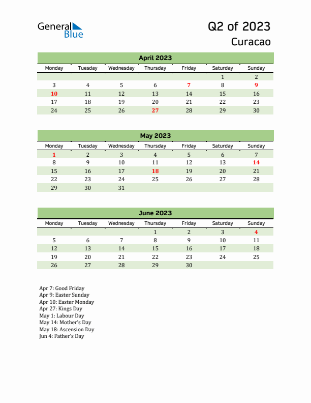 Quarterly Calendar 2023 with Curacao Holidays