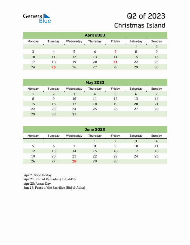 Quarterly Calendar 2023 with Christmas Island Holidays