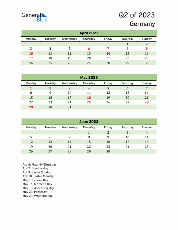 Quarterly Calendar 2023 with Germany Holidays