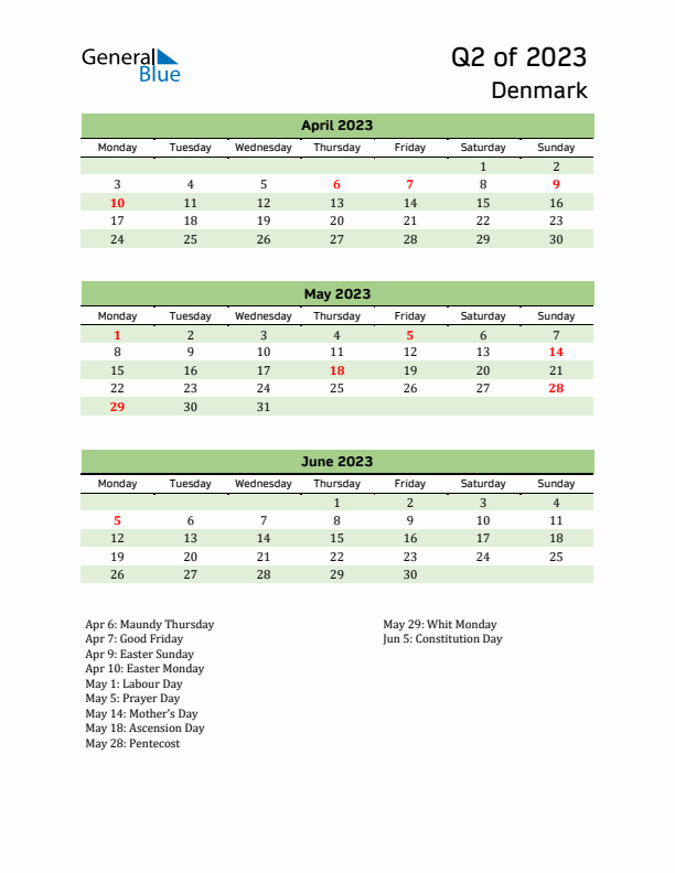 Quarterly Calendar 2023 with Denmark Holidays