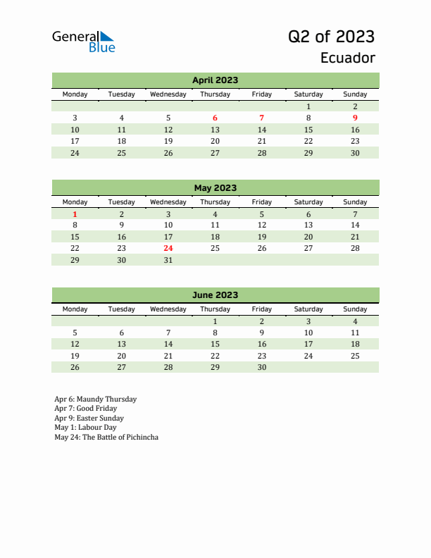 Quarterly Calendar 2023 with Ecuador Holidays