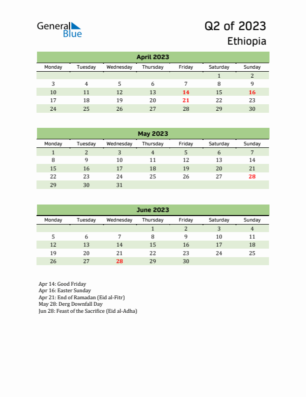 Quarterly Calendar 2023 with Ethiopia Holidays