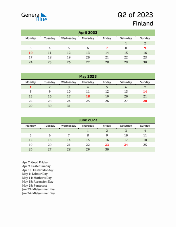 Quarterly Calendar 2023 with Finland Holidays