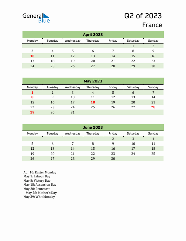 Quarterly Calendar 2023 with France Holidays