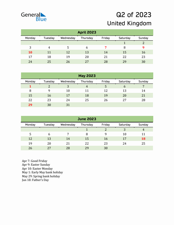 Quarterly Calendar 2023 with United Kingdom Holidays