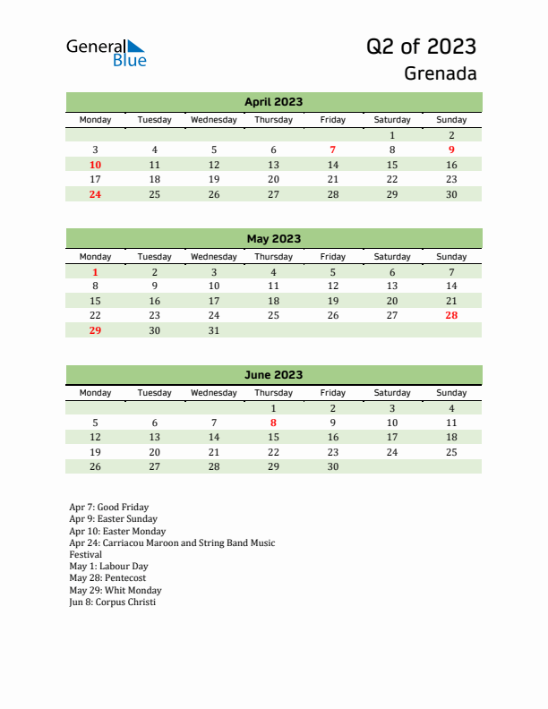 Quarterly Calendar 2023 with Grenada Holidays