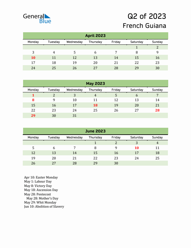 Quarterly Calendar 2023 with French Guiana Holidays