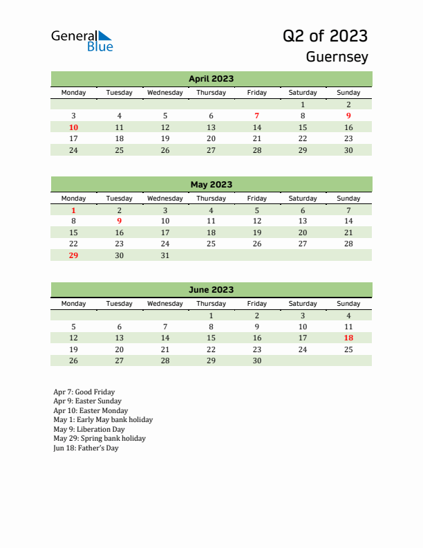 Quarterly Calendar 2023 with Guernsey Holidays