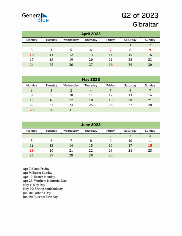 Quarterly Calendar 2023 with Gibraltar Holidays