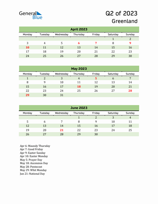 Quarterly Calendar 2023 with Greenland Holidays