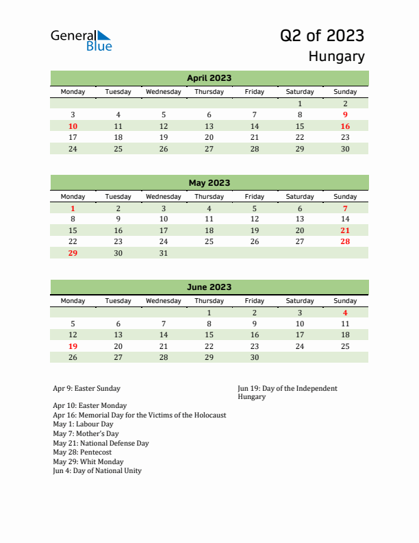 Quarterly Calendar 2023 with Hungary Holidays