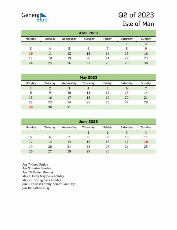 Quarterly Calendar 2023 with Isle of Man Holidays