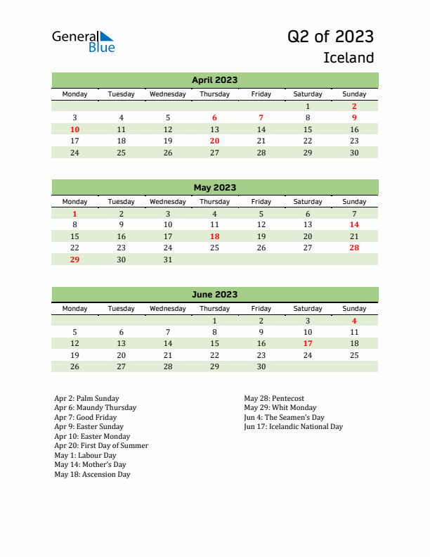 Quarterly Calendar 2023 with Iceland Holidays