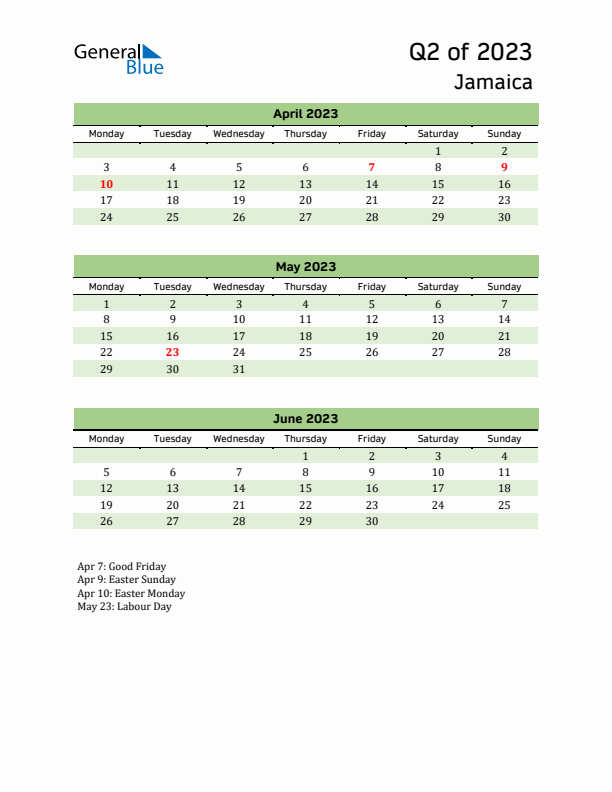 Quarterly Calendar 2023 with Jamaica Holidays