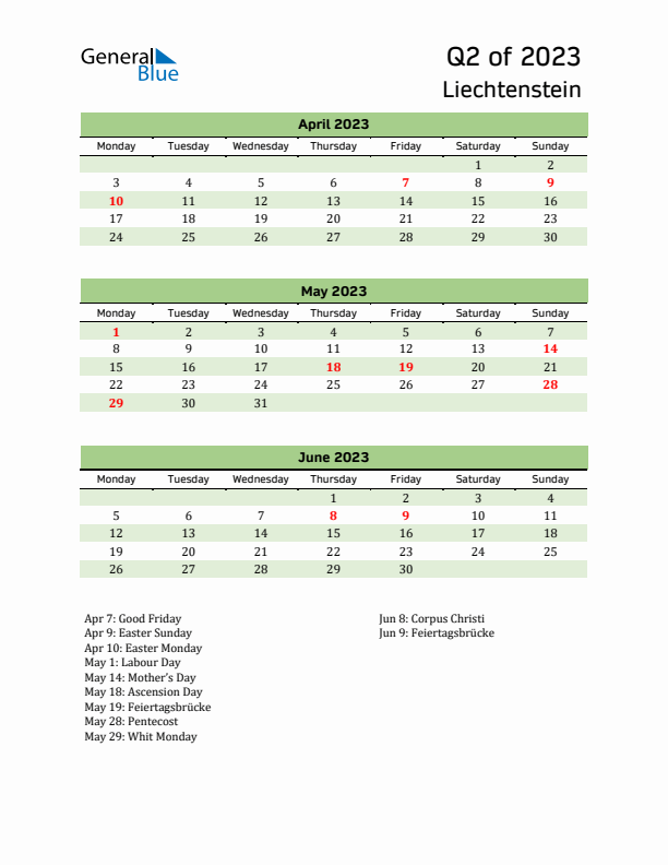 Quarterly Calendar 2023 with Liechtenstein Holidays